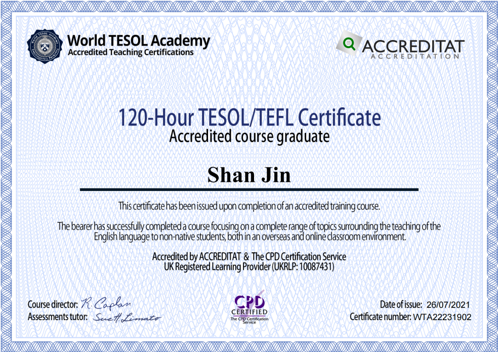 120-Hour TESOL/TEFL Certificate original certificate