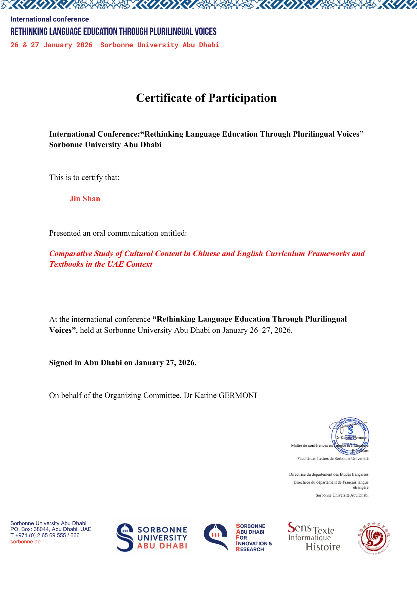 Certificate of participation from the international conference