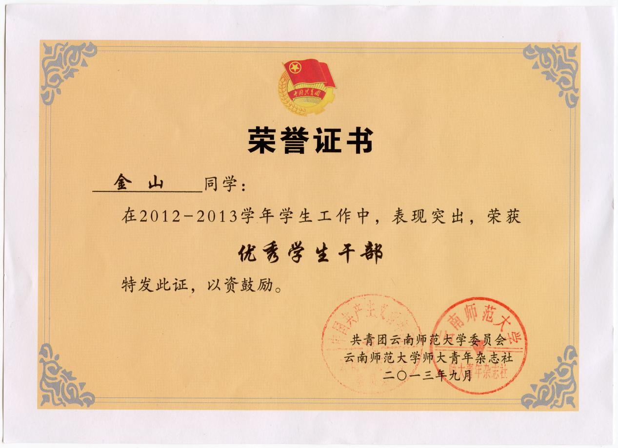 Outstanding Student Cadre · Yunnan Normal University