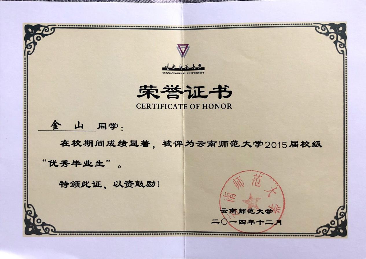 Outstanding Graduate · Yunnan Normal University