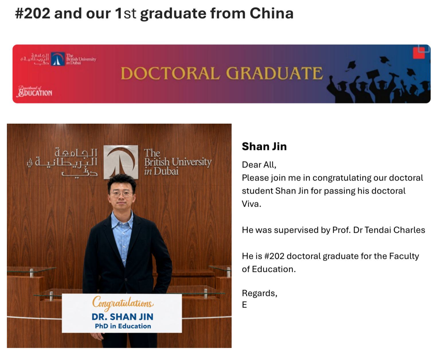 BUiD doctoral graduates newsletter introducing Dr. Shan Jin as its first graduate from China